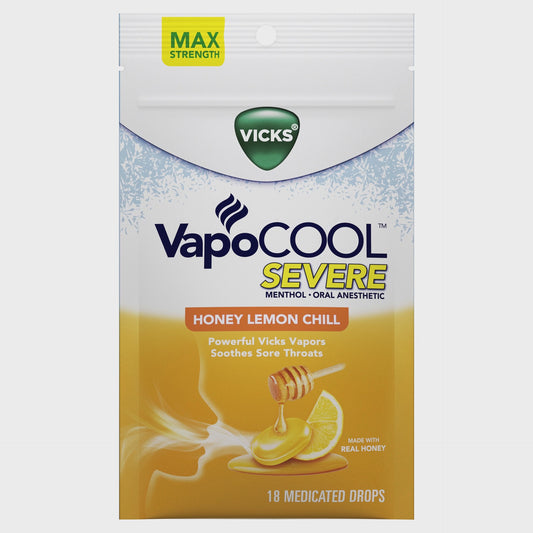 Vicks VapoCOOL SEVERE Medicated Lozenges, Honey Lemon Chill, 18 Drops
