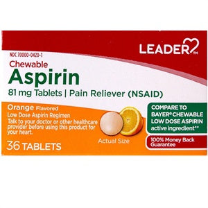 Leader Chewable Aspirin, 81mg, Orange Flavored, 36 Tablets
