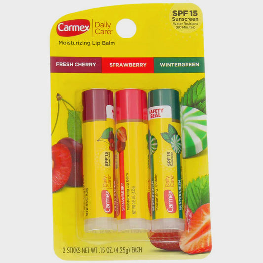 Carmex Moisturizing Lip Balm Stick, Cherry, Strawberry, Wintergreen, SPF 15, 0.45 oz, 3 Ct