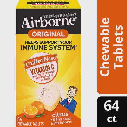 Airborne Chewable Tablets Citrus Vitamin C & E Zinc Immune Support -- 64 Chewable Tablets