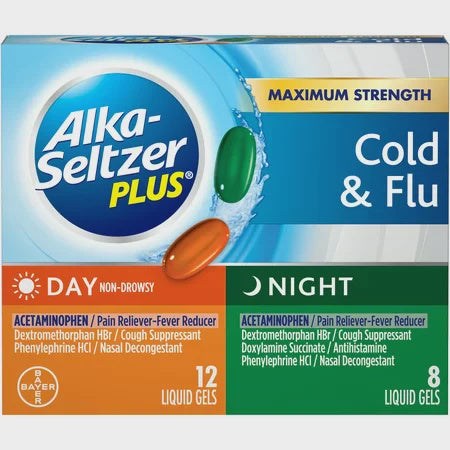 ALKA-SELTZER PLUS MAX STRENGTH COLD & FLU DAY (12GELS) & NIGHT (8 GELS)