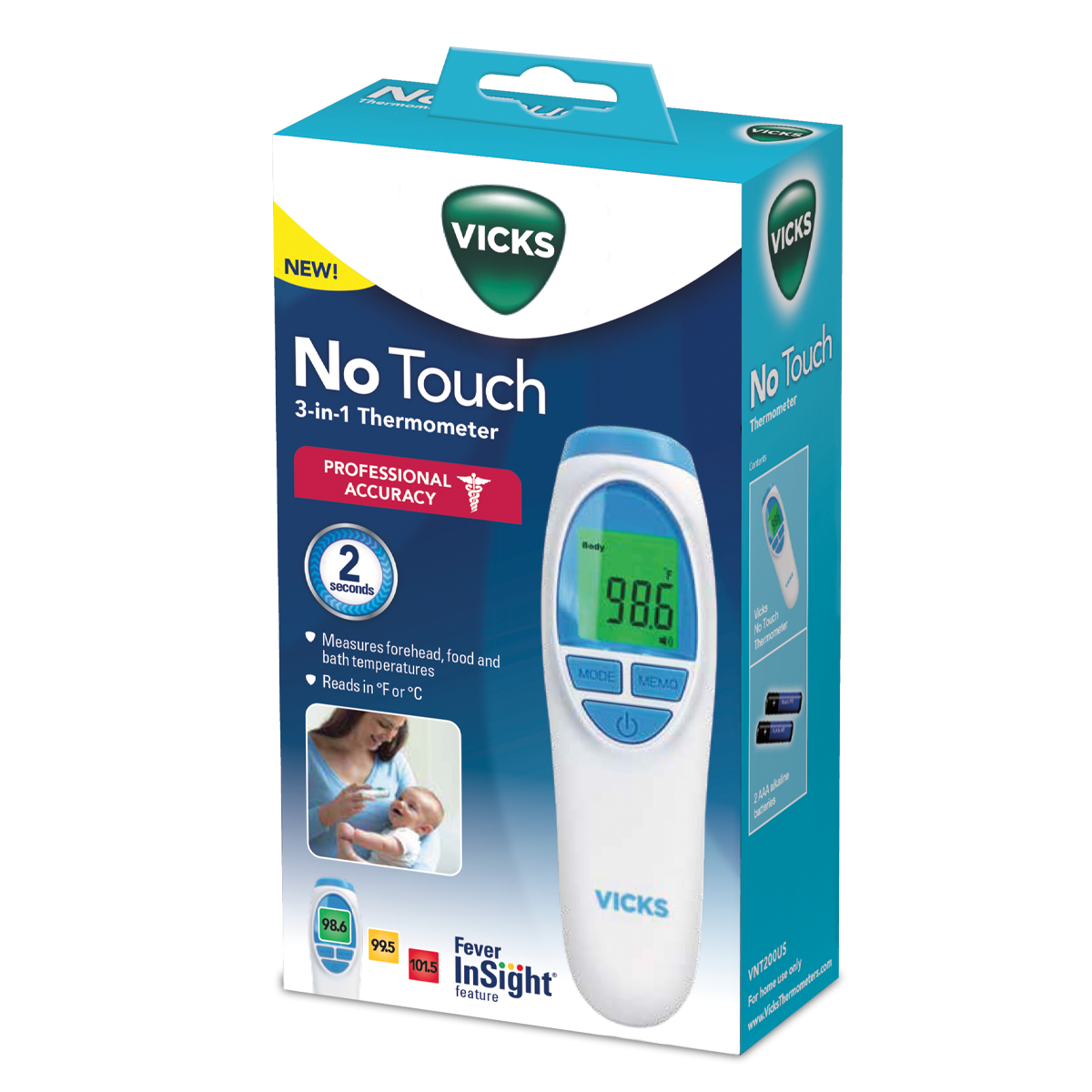 Vicks No Touch 3-in-1 Thermometer Measures Body Temperature, Food and Bath