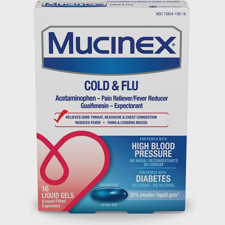 Mucinex Cold & Flu High Blood Pressure Liquid Gels, 16 Ea..