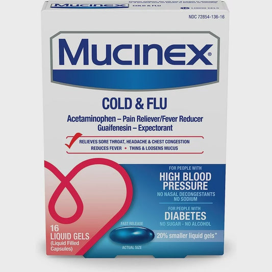 Mucinex Cold & Flu High Blood Pressure Liquid Gels, 16 Ea..