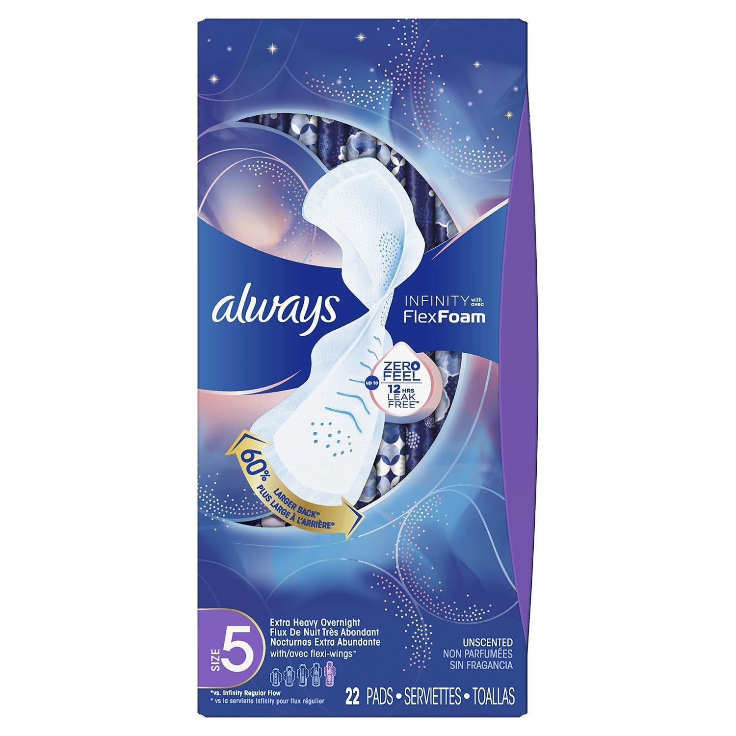 Always Infinity FlexFoam Size 5, Extra Heavy Overnight Absorbency, Unscented, 22 Count