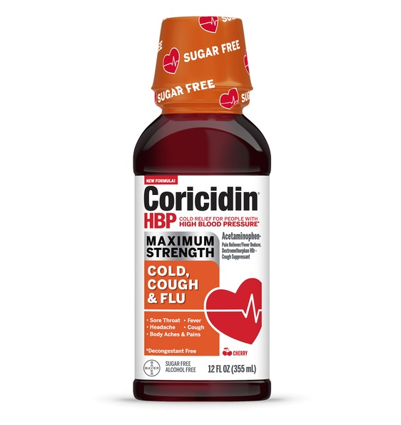 Coricidin HBP Maximum Strength Cold, Cough & Flu Liquid, 12 OZ