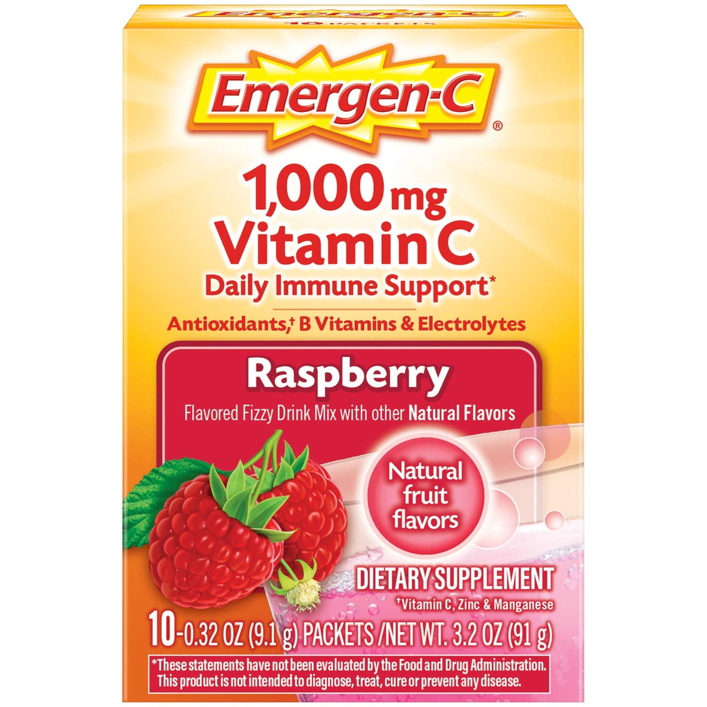 Emergen-C 1,000 mg Vitamin C Fizzy Drink Mix Packets Raspberry Flavored - 10 ct