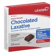Leader Chocolated Laxative, Regular Strength, 15 mg, Chocolate Flavored,24ea