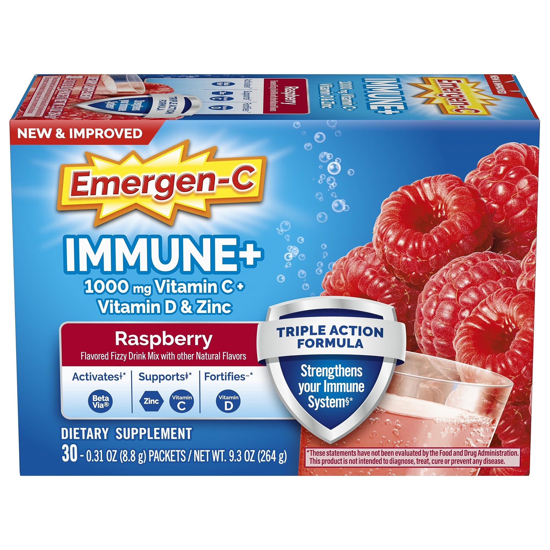 Emergen-C Immune+ Dietary Supplement Powder Drink Mix, Raspberry - 30 count, 9.3 oz box