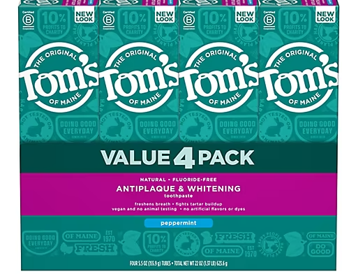 Tom's of Maine Antiplaque and Whitening Fluoride-Free Peppermint Toothpaste, 4 ct.