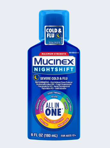 MUCINEX NIGHTSHIFT SEVERE COLD & FLU MAX STRENGTH LIQUID 6 OZ