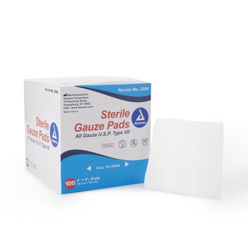 Dynarex Sterile Gauze Pads, Absorbent, 4 in x 4 in(100 Per box)1 Pack
