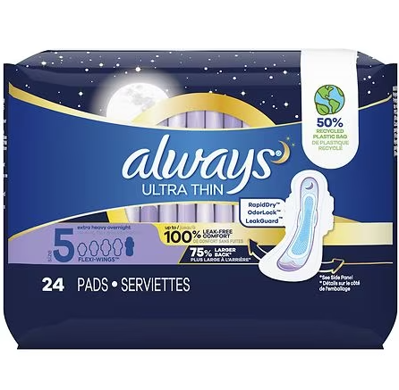 Always Ultra Thin Overnight Pads with Flexi-Wings, Extra Heavy Overnight Unscented, Size 5 (ct 24)
