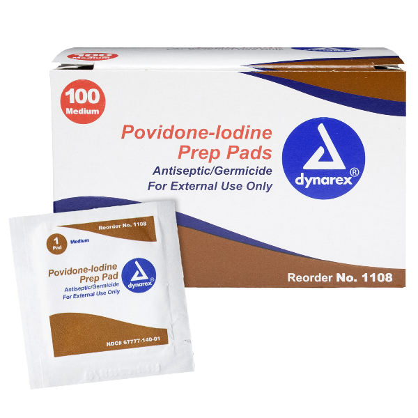 Dynarex BETADINE Povidone #1108 Iodine PVP Prep Pad Medium 100/BX