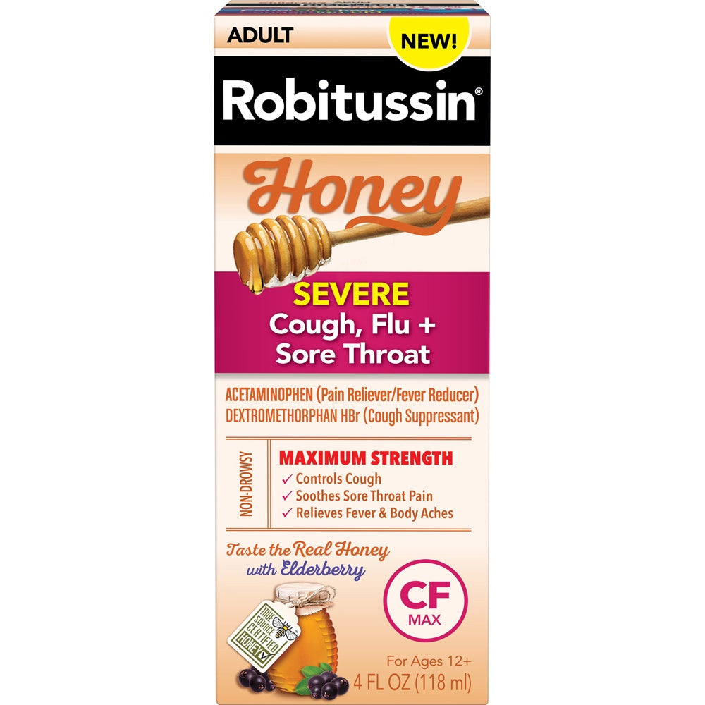 ROBITUSSIN HONEY SEVERE COUGH, FLU, SORE THROAT MAX STRENGTH 4OZ