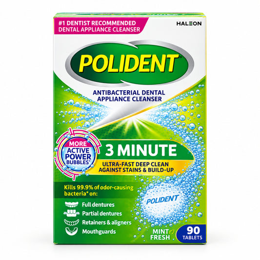 Polident 假牙与牙科器具抗菌清洁片 90片 | 3分钟清洁·清新薄荷 | Dental Appliance Cleanser 90 Tablets