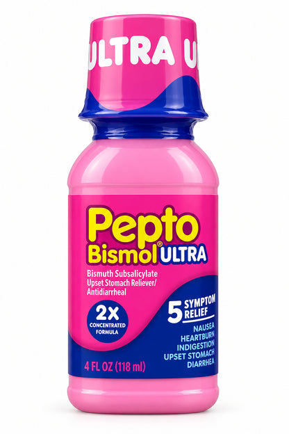 Pepto Bismol Ultra 胃肠不适缓解液 4液体盎司 | 5种症状缓解 | Pepto Bismol Ultra 5 Symptom Relief 4 fl oz