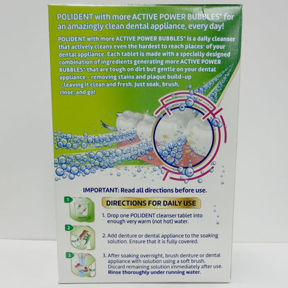 Polident® Tabletas limpiadoras blanqueadoras de dentaduras postizas de acción profunda nocturna, 90 unidades | Elimina el 99.9% de las bacterias, manchas de té y mal olor | Polident Overnight Whitening Denture Cleanser 90ct