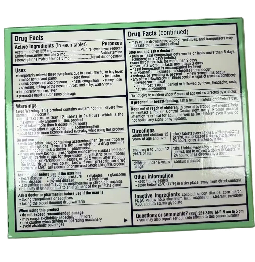 COLTALIN Cold & Flu Relief Tablets 36 Tablets Green Box | Pain Relief, Fever Reduction, Nasal Decongestant, Antihistamine