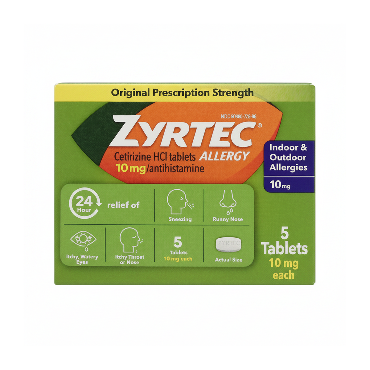 Zyrtec Cetirizine HCl 10mg | 仙特明24小时抗过敏片 | 5 Tablets