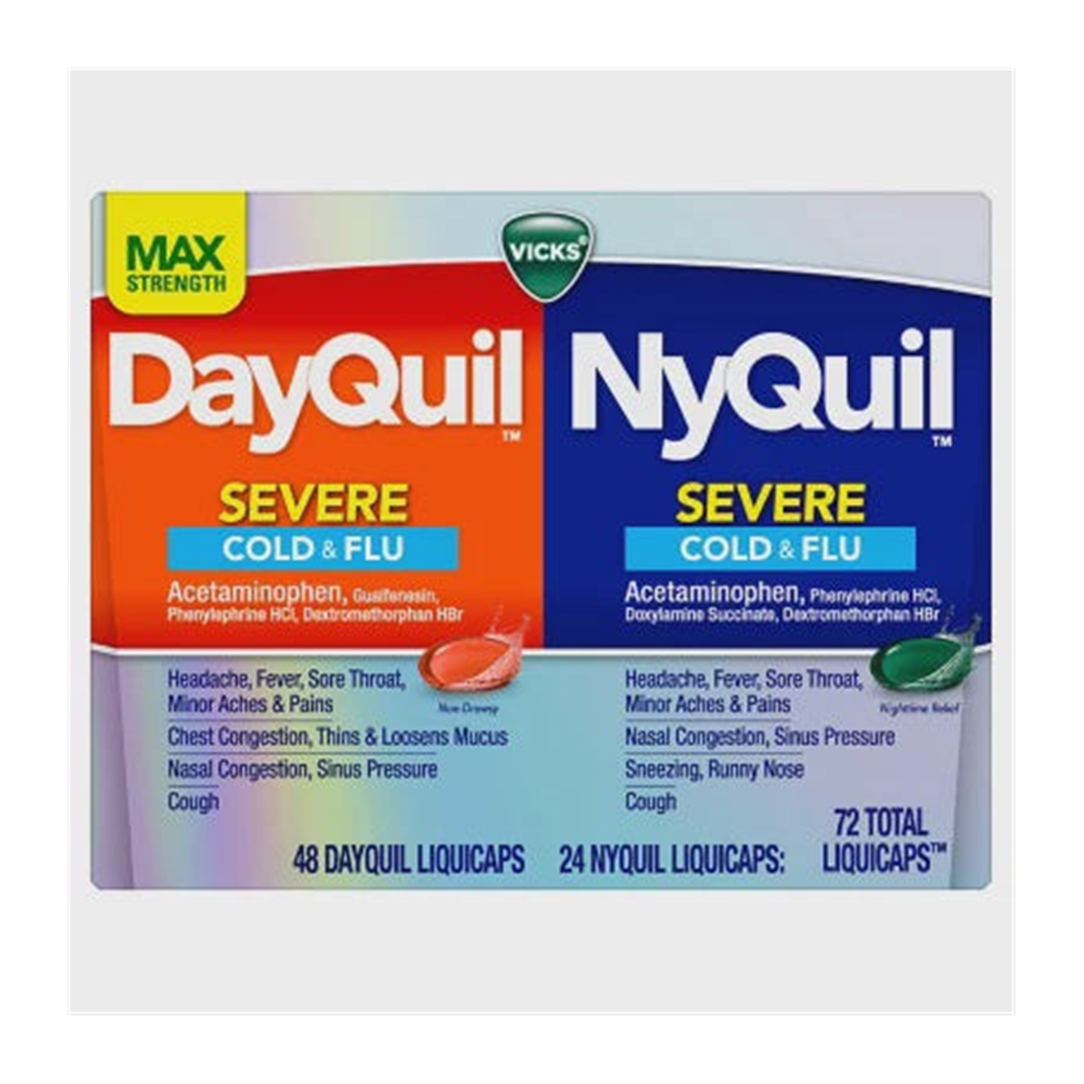 Vicks DayQuil + NyQuil Severe Combo Pack | 维克重症感冒流感昼夜胶囊大包装 | 72 LiquiCaps