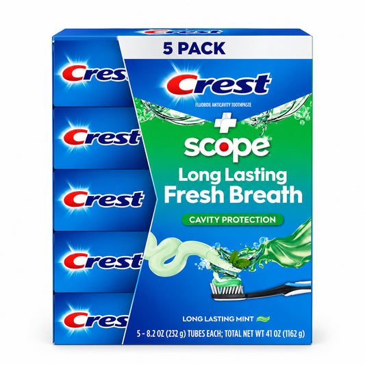 Crest 佳洁士 + Scope 含氟防蛀牙膏 8.2 oz×5支 | 持久清新薄荷 | Long Lasting Fresh Breath Toothpaste