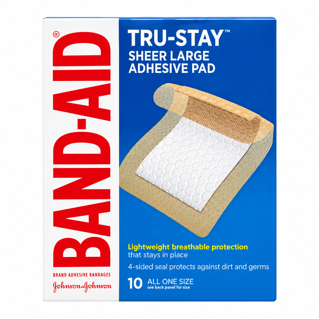 BAND-AID 邦迪轻薄透气大号敷料贴 10片 | Tru-Stay Sheer四边密封 | Large Adhesive Pad 10 Count