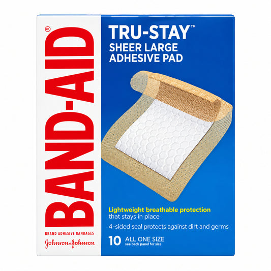 BAND-AID 邦迪轻薄透气大号敷料贴 10片 | Tru-Stay Sheer四边密封 | Large Adhesive Pad 10 Count