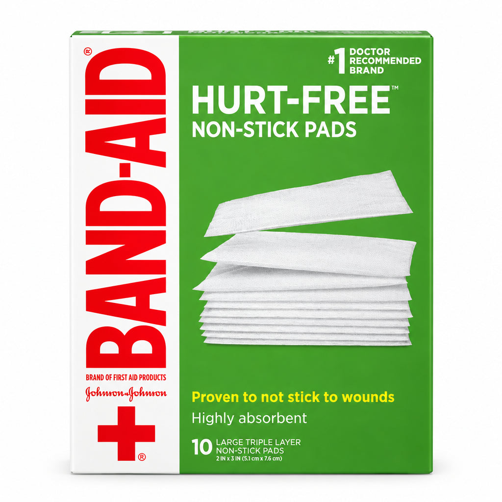 BAND-AID 邦迪大号不粘伤口敷料垫 10片 | 三层高吸收 5.1×7.6厘米 | Hurt-Free Non-Stick Pads 10 Large Pads