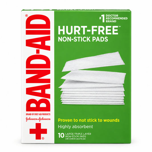 BAND-AID 邦迪大号不粘伤口敷料垫 10片 | 三层高吸收 5.1×7.6厘米 | Hurt-Free Non-Stick Pads 10 Large Pads