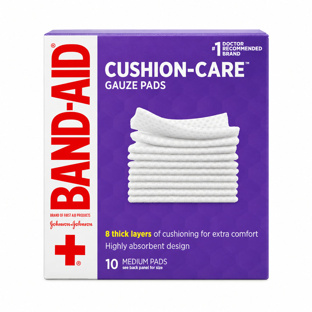 BAND-AID 邦迪中号纱布垫 10片 | 8层加厚高吸收设计 | Cushion-Care Gauze Pads 10 Medium Pads