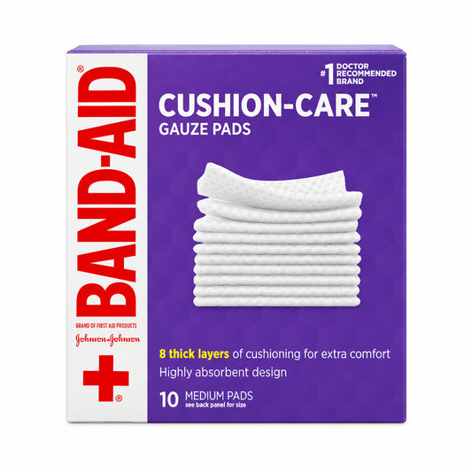 BAND-AID 邦迪中号纱布垫 10片 | 8层加厚高吸收设计 | Cushion-Care Gauze Pads 10 Medium Pads