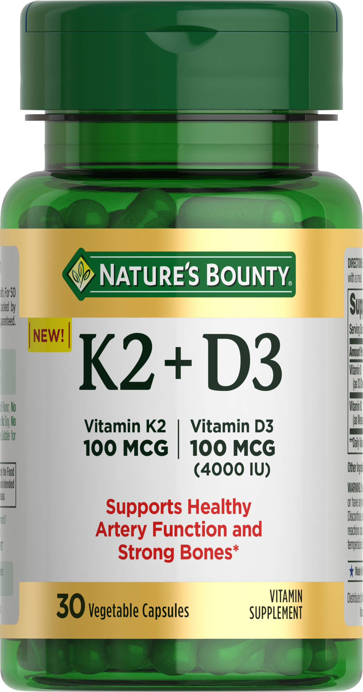 Nature's Bounty K2 + D3, 30 capsules | K2 100mcg + D3 4000 IU，30粒