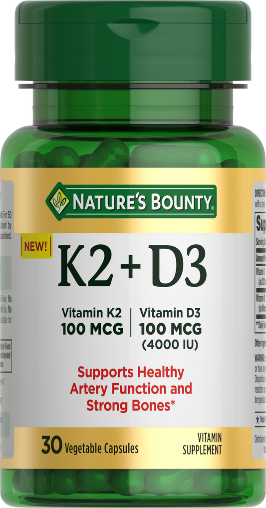 Nature's Bounty K2 + D3, 30 capsules | K2 100mcg + D3 4000 IU，30粒