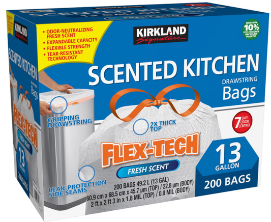 科克兰 Kirkland Signature Flex-Tech 加香型13加仑厨房垃圾袋 200个装 | 弹力防撕裂 抗异味 | Scented Kitchen Trash Bags 200ct