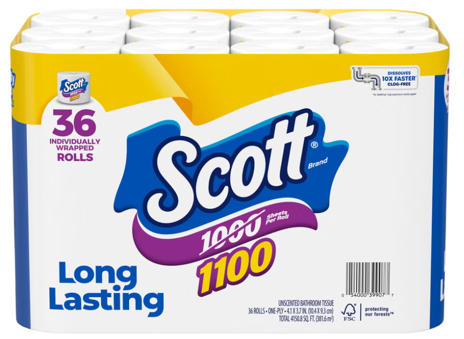 Scott 1-Ply Toilet Paper, 1,100 Sheets per Roll, 36 Rolls