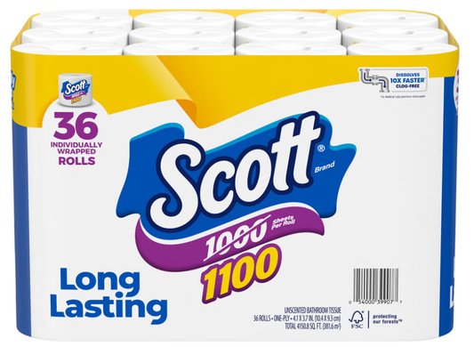 Scott 1-Ply Toilet Paper, 1,100 Sheets per Roll, 36 Rolls