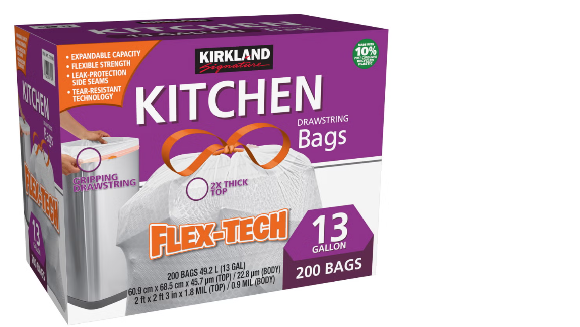Kirkland Signature Flex-Tech 13-Gallon Kitchen Trash Bags – 200 Count