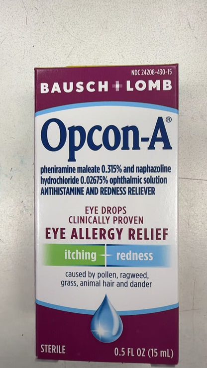 Bausch+Lomb Opcon-A 眼部过敏滴眼液 15mL | 抗组胺+消红血丝 | Antihistamine Eye Allergy Relief 0.5oz